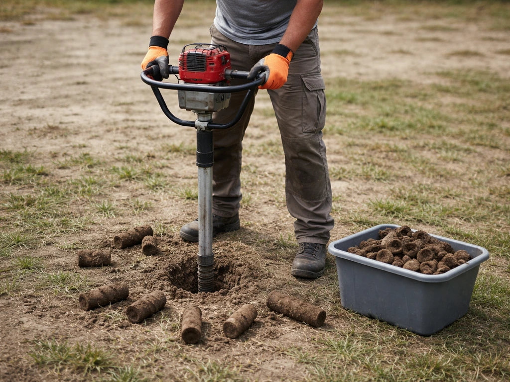 Carottage du sol : extraction de bouchons de terre par une carotteuse, sur pelouse compacte.