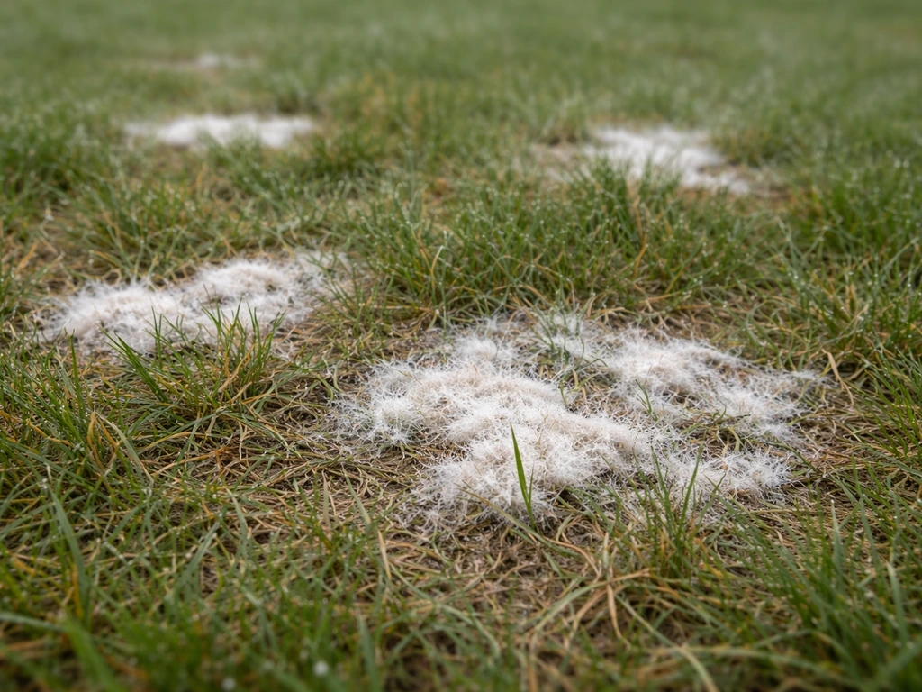 Pelouse en France avec taches irrégulières duveteuses blanches, illustrant la moisissure blanche du gazon.