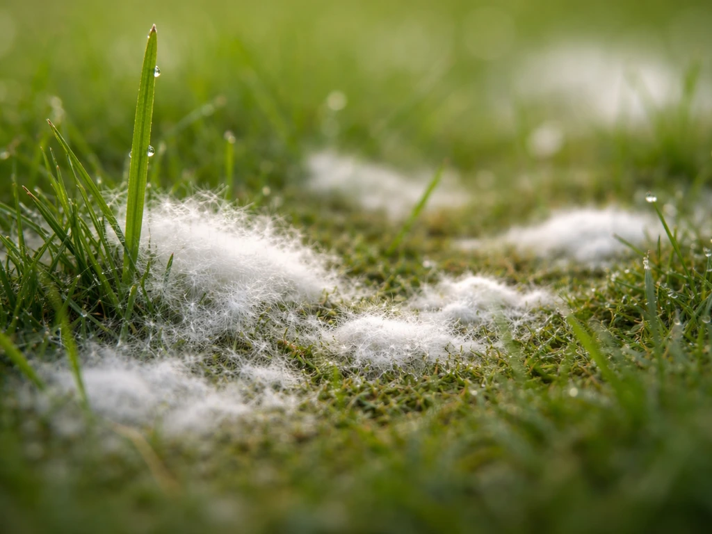 Gros plan sur des brins d’herbe du gazon couverts de moisissure blanche cotonneuse en plaques ou cercles.