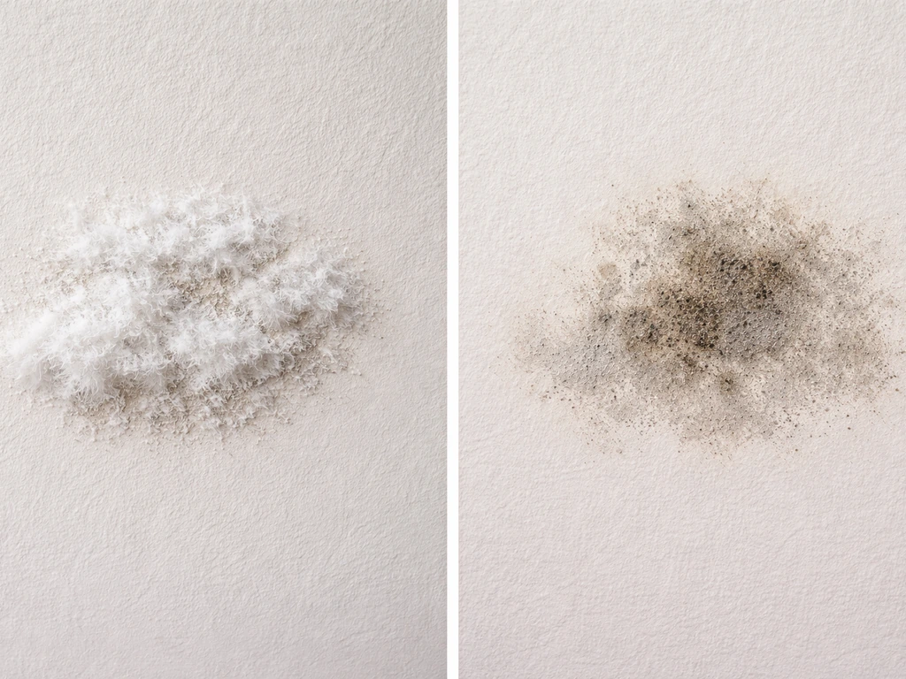 Comparaison côte à côte : tache blanche duveteuse de moisissure et autre surface ternie sur mur intérieur.