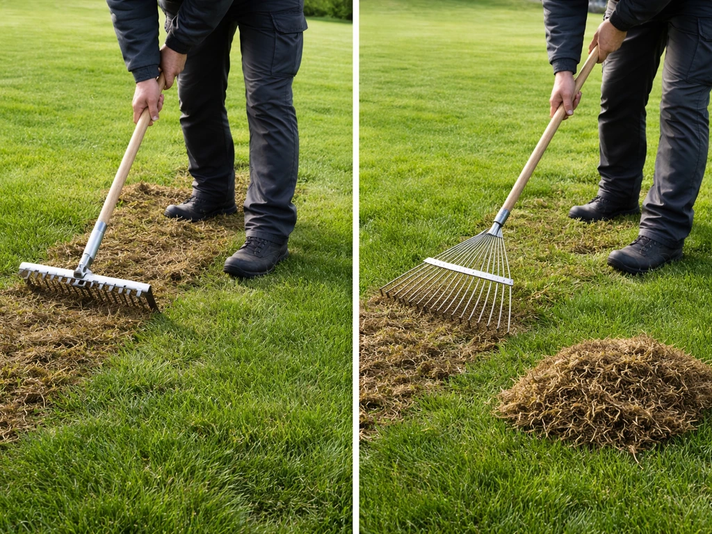 Un jardinier scarifie et ratisse les débris d’une pelouse dense pour favoriser un gazon plus résistant.