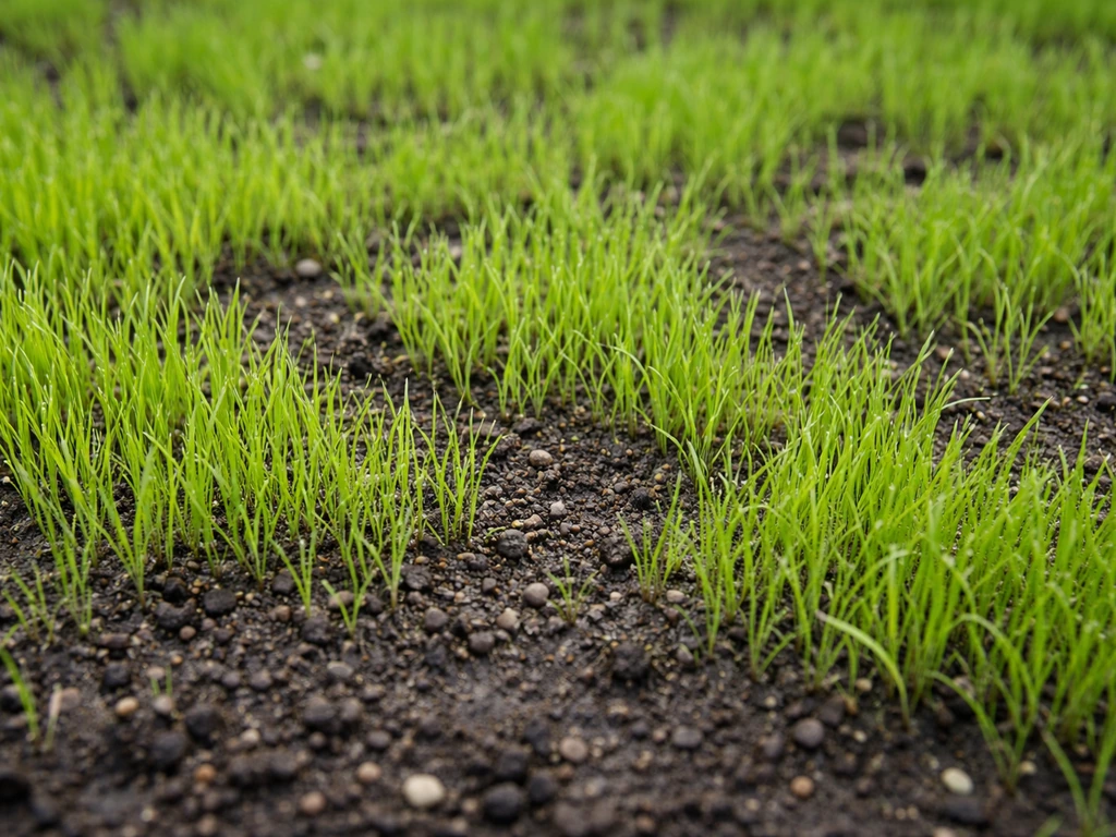 Jeunes brins de semis très denses formant un feutrage naissant, sol sombre et humide, gros plan.