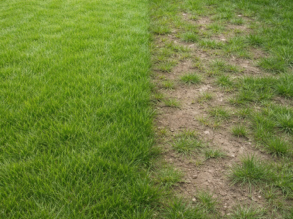 Vue de pelouse en plan, comparaison entre sursemis dense et zones clairsemées dues à un sol compacté ou drainage insuffi