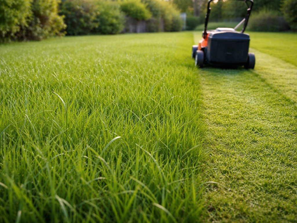 Pelouse fraîche après sursemis : brins d’environ 8–10 cm, tonte légère et bord bien net.