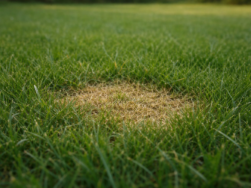 Gros plan sur une petite zone brunie de gazon, herbe verte autour, effet local sur l’urine.