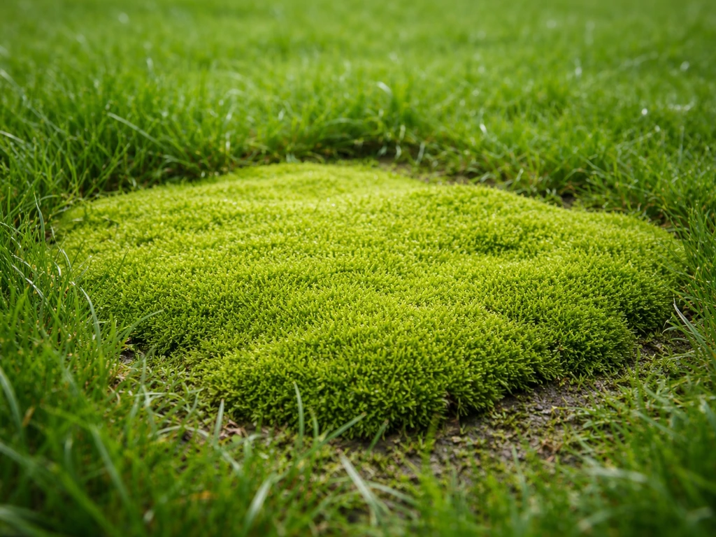 Gazon où la mousse forme un tapis épais, bordure nette et contraste avec l’herbe autour, lumière naturelle.