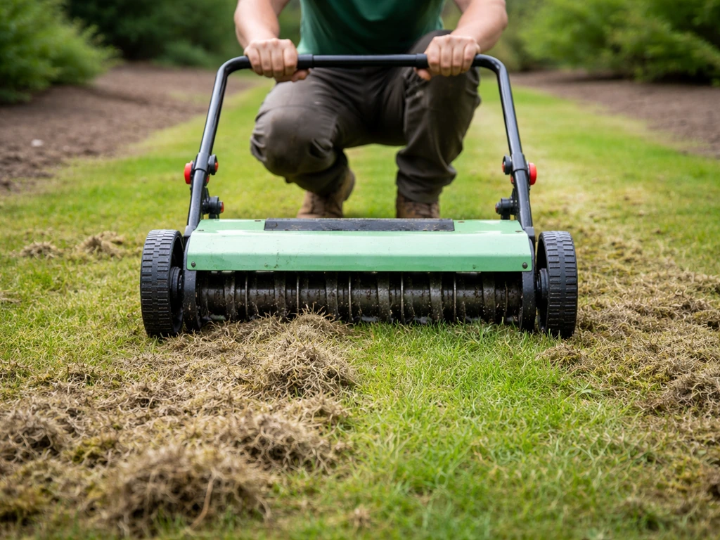 Scarificateur à gazon tiré sur une pelouse : feutre et mousse soulevés, avant un regarnissage