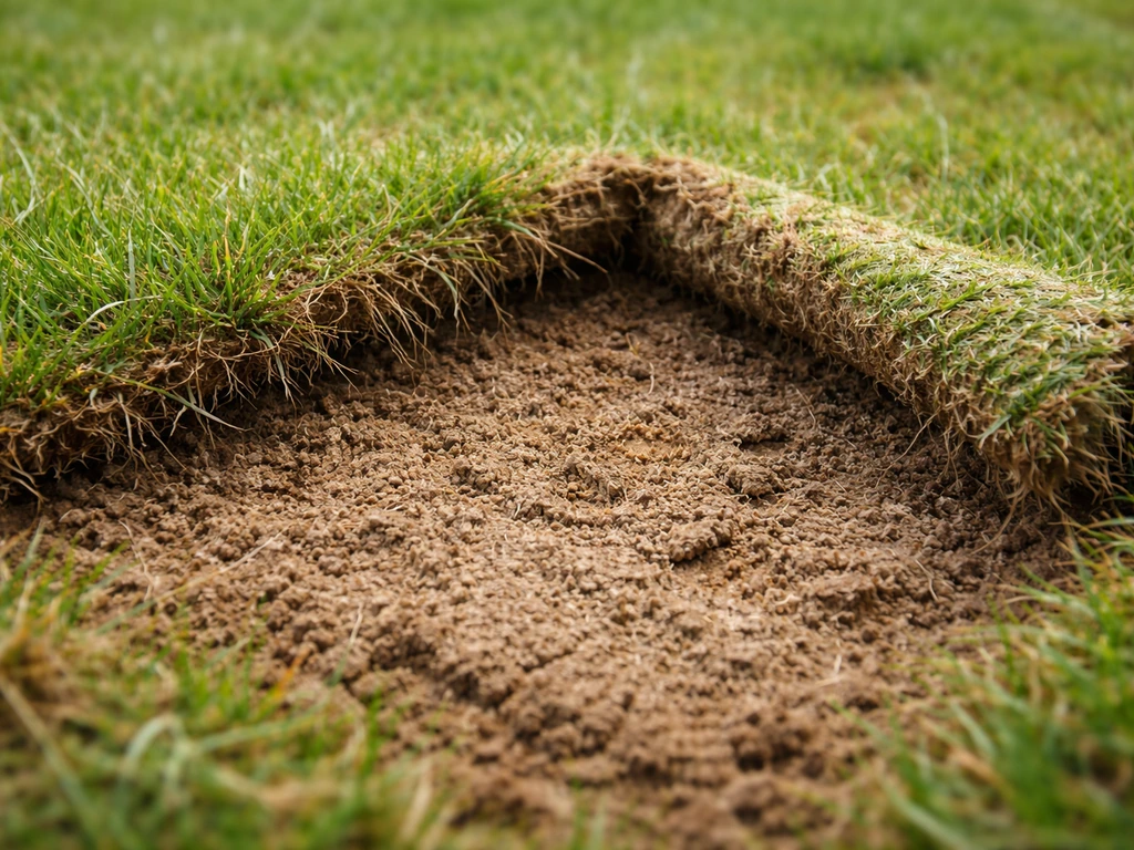 Zone de pelouse soulevée montrant un sol spongieux et des racines affaiblies, après dégâts de larves.