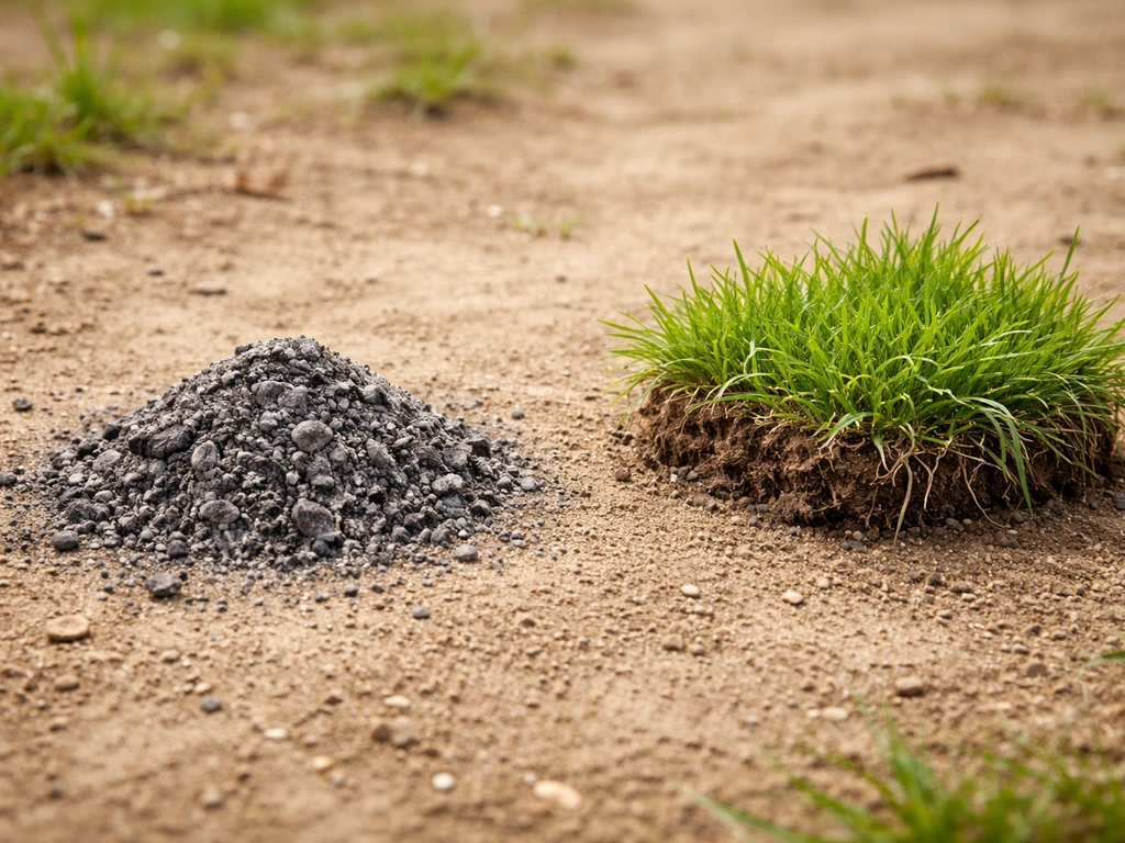 Tas de cendre de bois à côté d’un petit morceau de gazon et de terre, illustrant la confusion des termes.