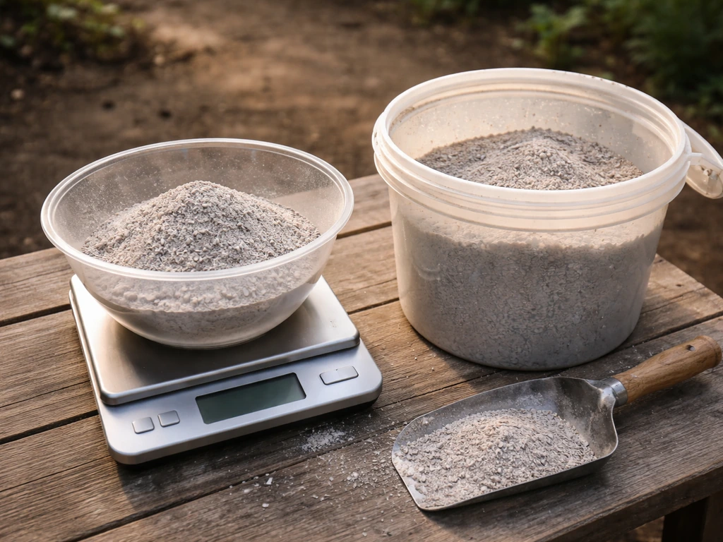 Balance de jardin et cendres tamisées au-dessus d’un seau, montrant un dosage de jardin.