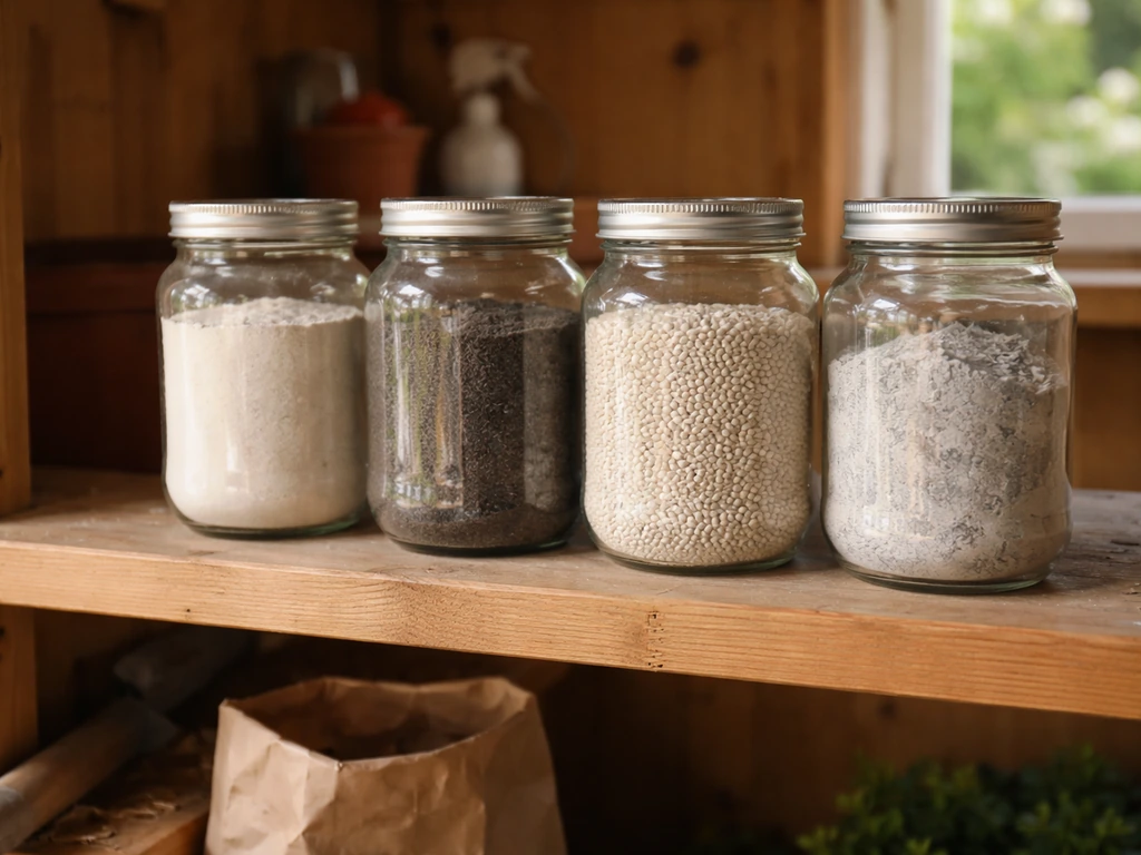 Étagère de jardin avec plusieurs produits pour ajuster le pH, étiquettes floues et éclairage naturel, comparaison visuel