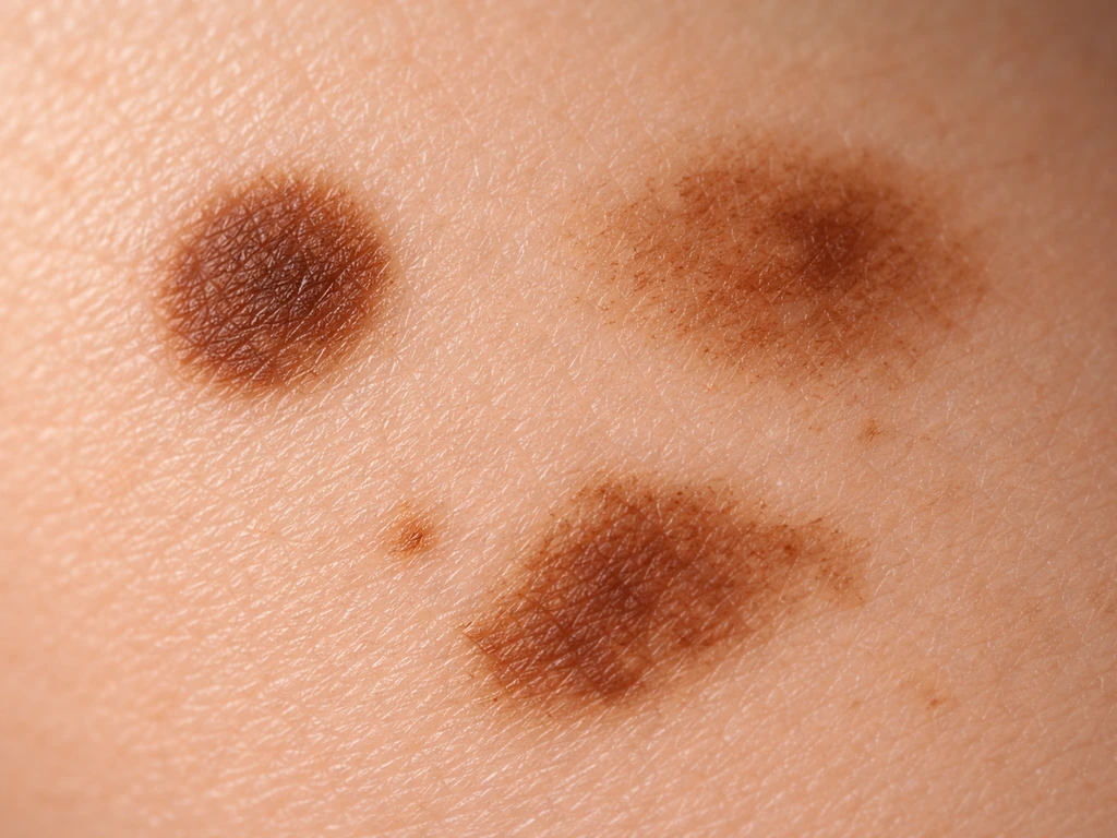 Gros plan sur plusieurs taches brunes aux contours variés sur une peau, éclairage naturel, composition minimale.