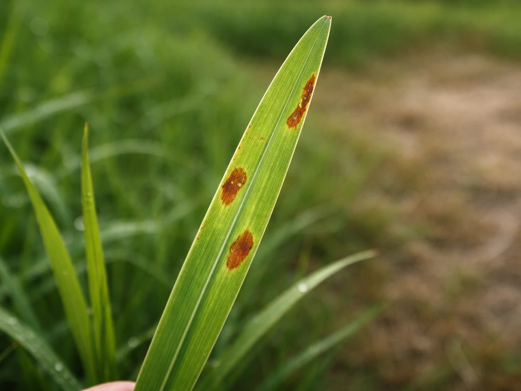 Gros plan d’un brin d’herbe au bord zone saine/zone brune, avec lésions brunes rougeâtres nettes