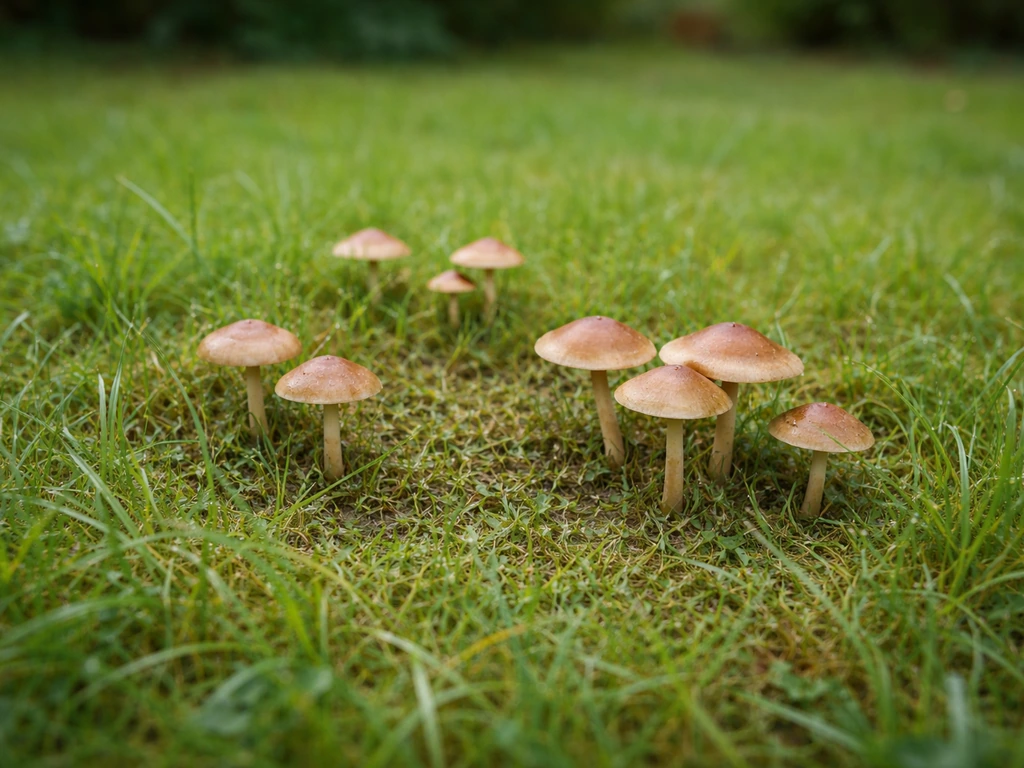 Pelouse de jardin humide avec plusieurs champignons visibles, vue rapprochée avant traitement.