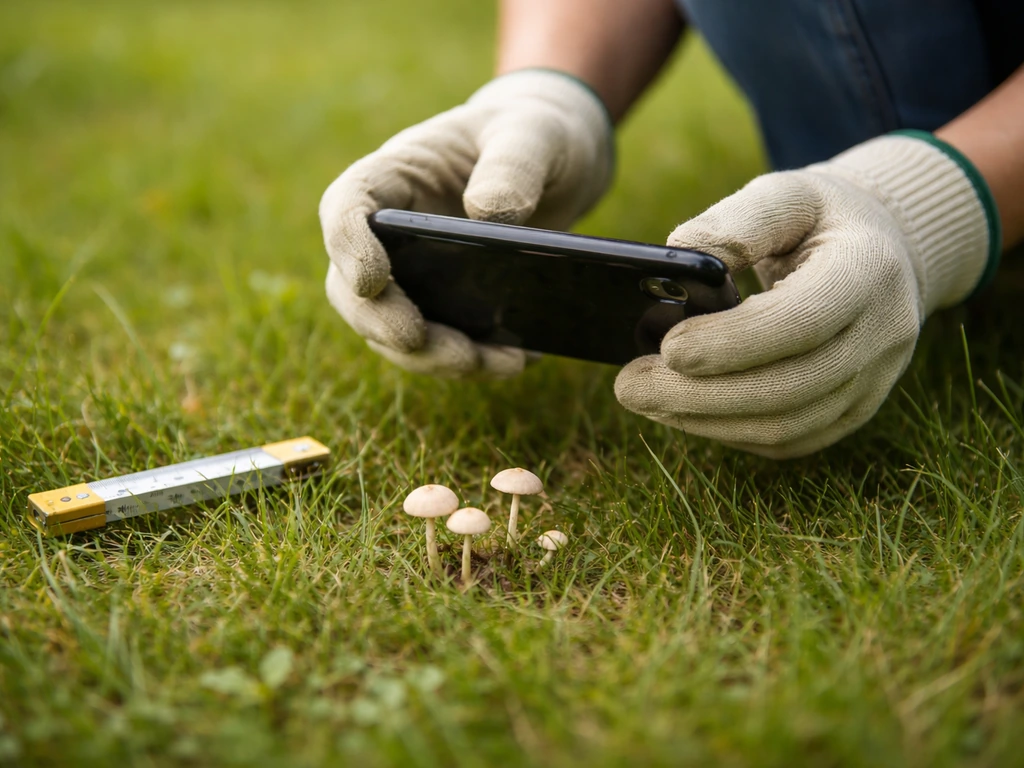 Mains gantées prenant une photo d’un champignon de pelouse, avec une règle posée au gazon.