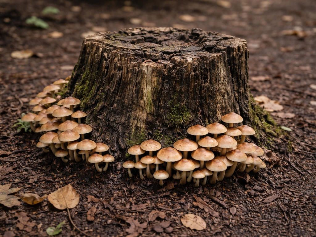 Champignons visibles autour d’une souche dans un sol forestier, laissant imaginer le mycélium sous la matière organique.