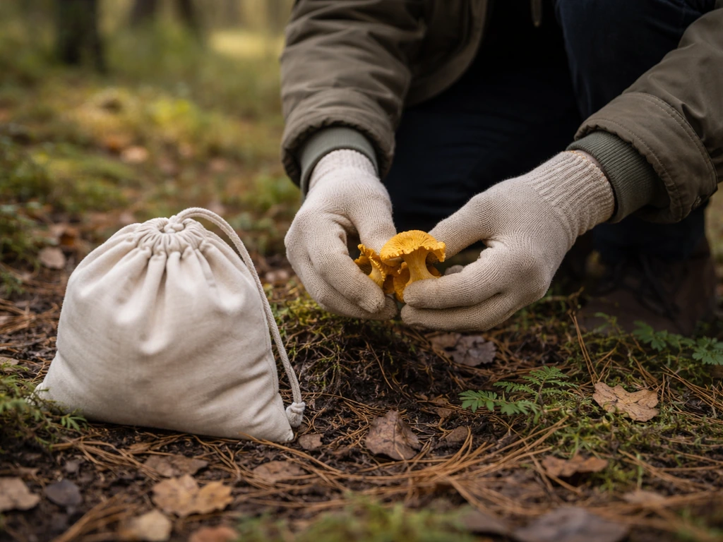 Mains gantées ramassant des champignons à l’orée d’un sous-bois, sac de collecte fermé à côté.