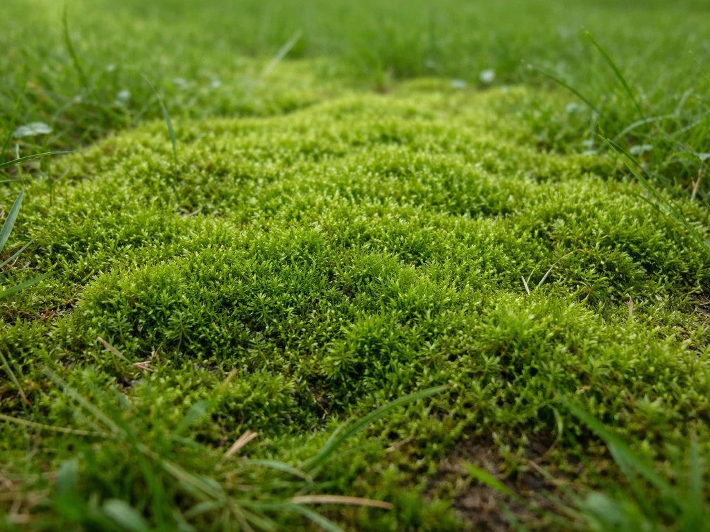 Gros plan sur une pelouse envahie de mousse : tapis dense, vert vif à vert sombre, texture moelleuse.