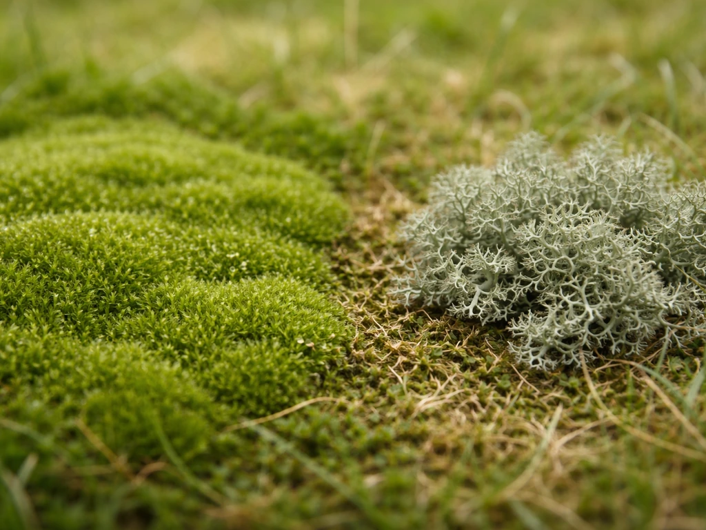 Gros plan sur pelouse montrant mousse verte et lichen gris-vert, textures différentes clairement visibles.