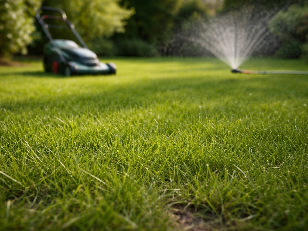 Herbe tondu à bonne hauteur et arrosage en pluie fine dans un jardin, sol juste humide, sans mousse.