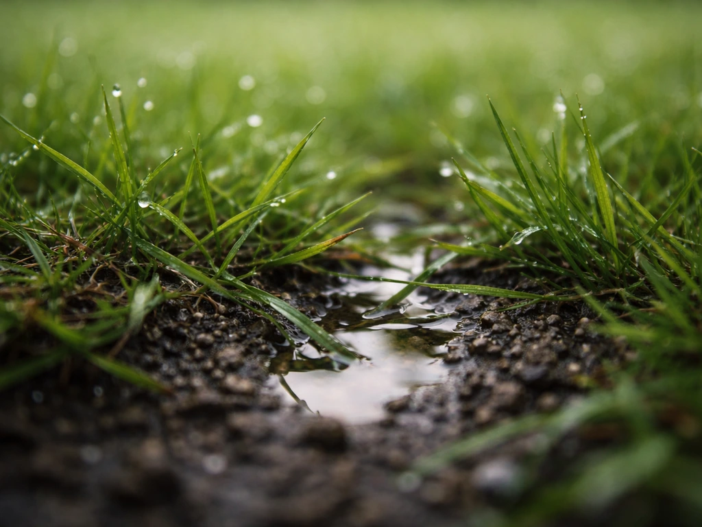 Gazon humide au ras du sol avec micro-creux où l’eau stagne près de la terre.