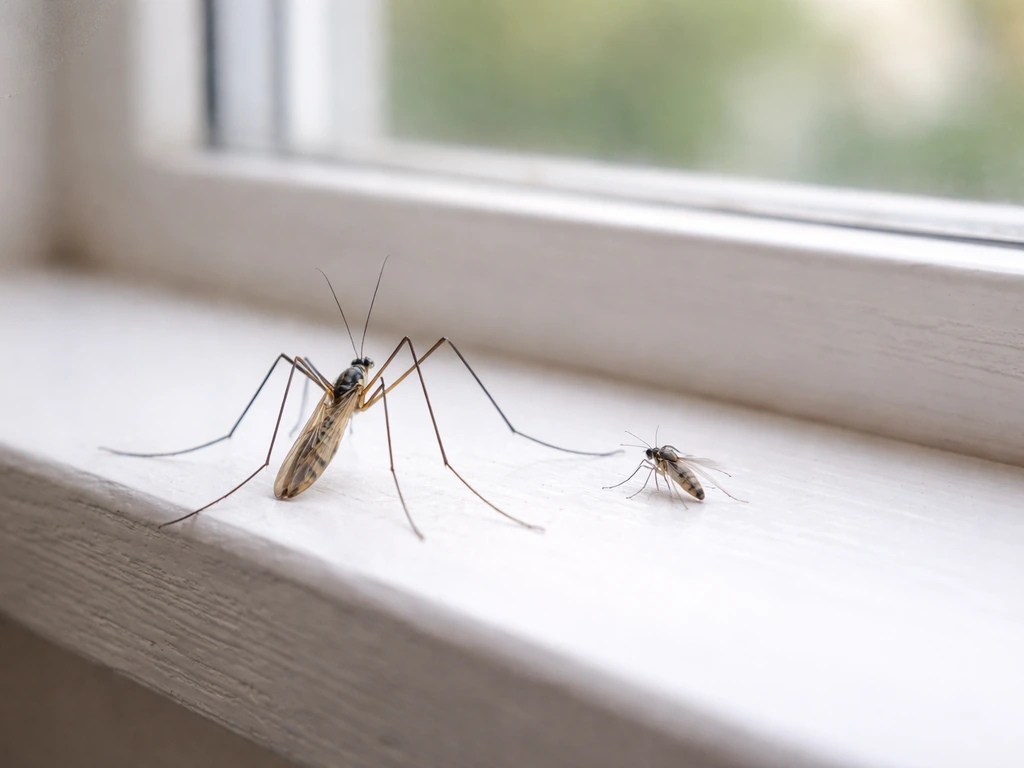 Deux insectes proches sur une fenêtre : une tipule aux longues pattes et antennes, et un moustique plus petit.