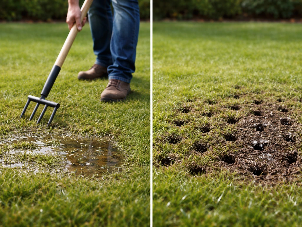 Gazon aéré : trous au croc et eau qui s’infiltre dans un sol compact, jardin minimal au premier plan.
