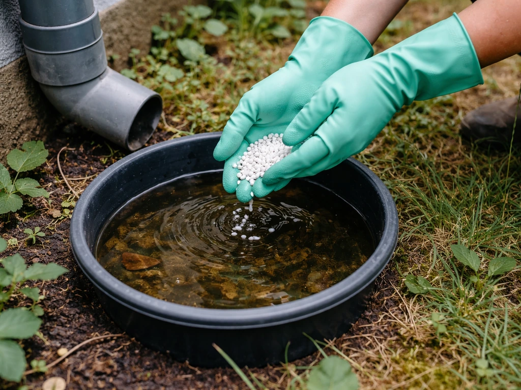 Mains gantées déposant des granulés de Bti dans une petite eau stagnante au jardin, sécurité visible.