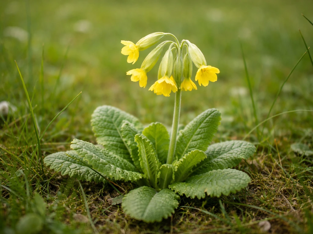 Primevère officinale jaune dans une pelouse française, rosette et fleurs visibles de près.