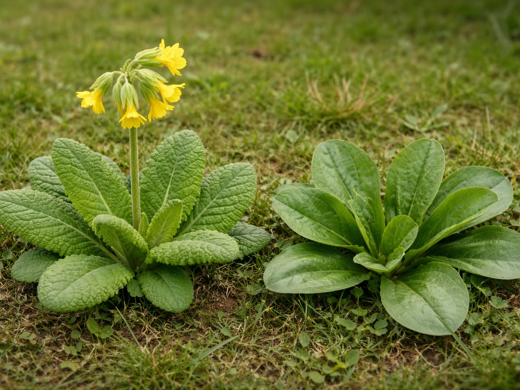 Primevères dans une pelouse, côte à côte avec une autre plante à rosette semblable pour comparer les feuilles.