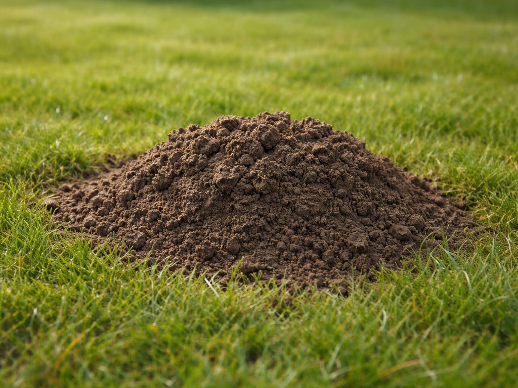 Gros plan d’une taupinière fraîche dans une pelouse, terre sombre et meuble entourée d’herbe.