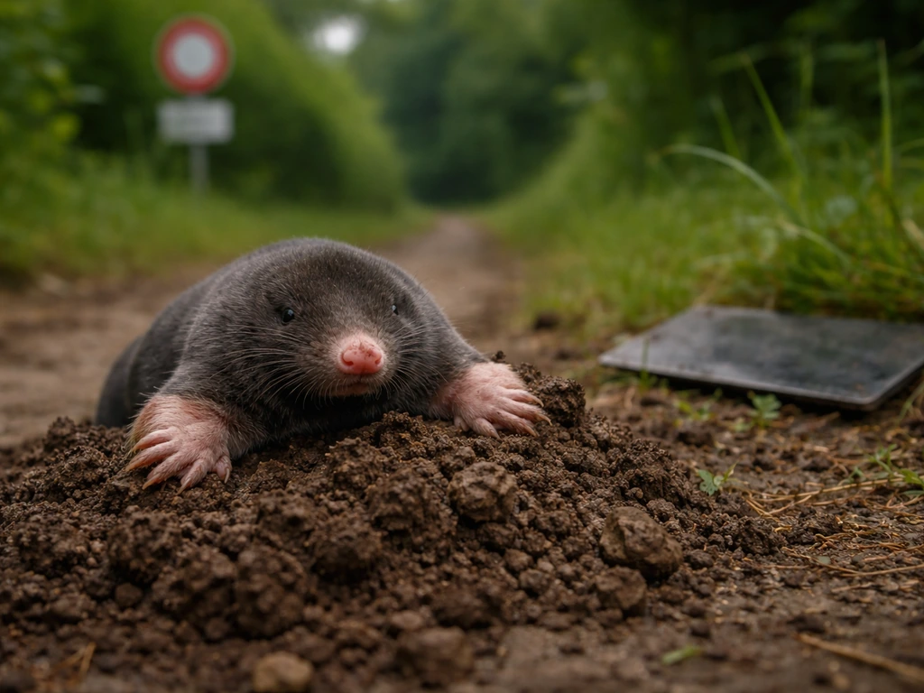 Taupe commune près d’un sol retourné, ambiance naturelle, repères discrets évoquant la réglementation française.