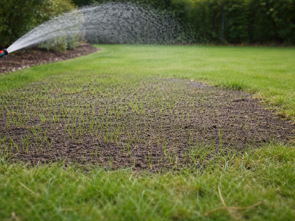 Zone de pelouse ressemée en reprise, sol nivelé et arrosage doux, jardin calme en arrière-plan flou.