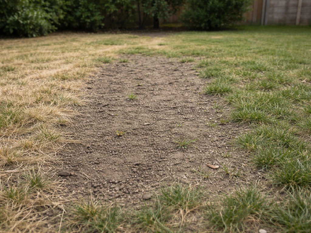 Pelouse en trois zones distinctes montrant jaunissement, zones à sol nu et gazon qui s’amincit.