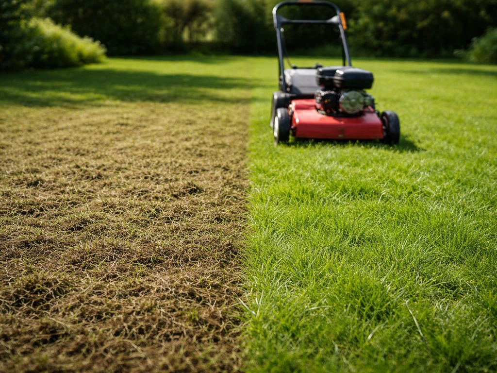 Pelouse avec zone feutrée avant et zone aérée après, scarificateur au bord, sans personne visible.