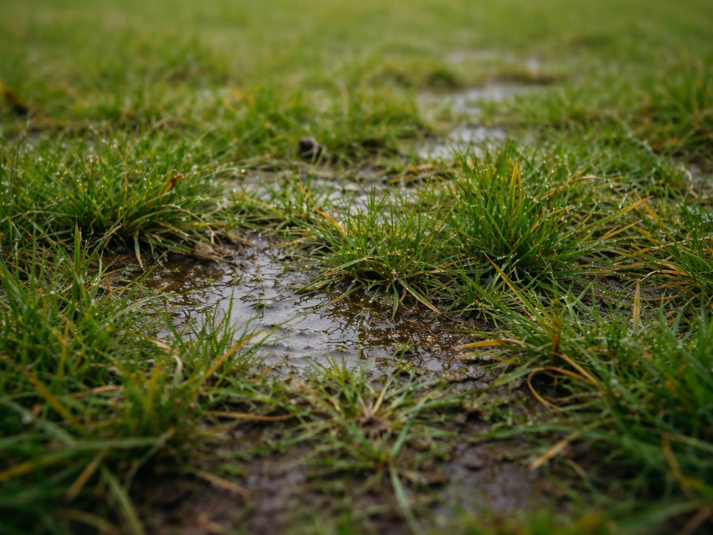 Pelouse française après la pluie : zones humides, traces de stagnation et jaunissement naissant.