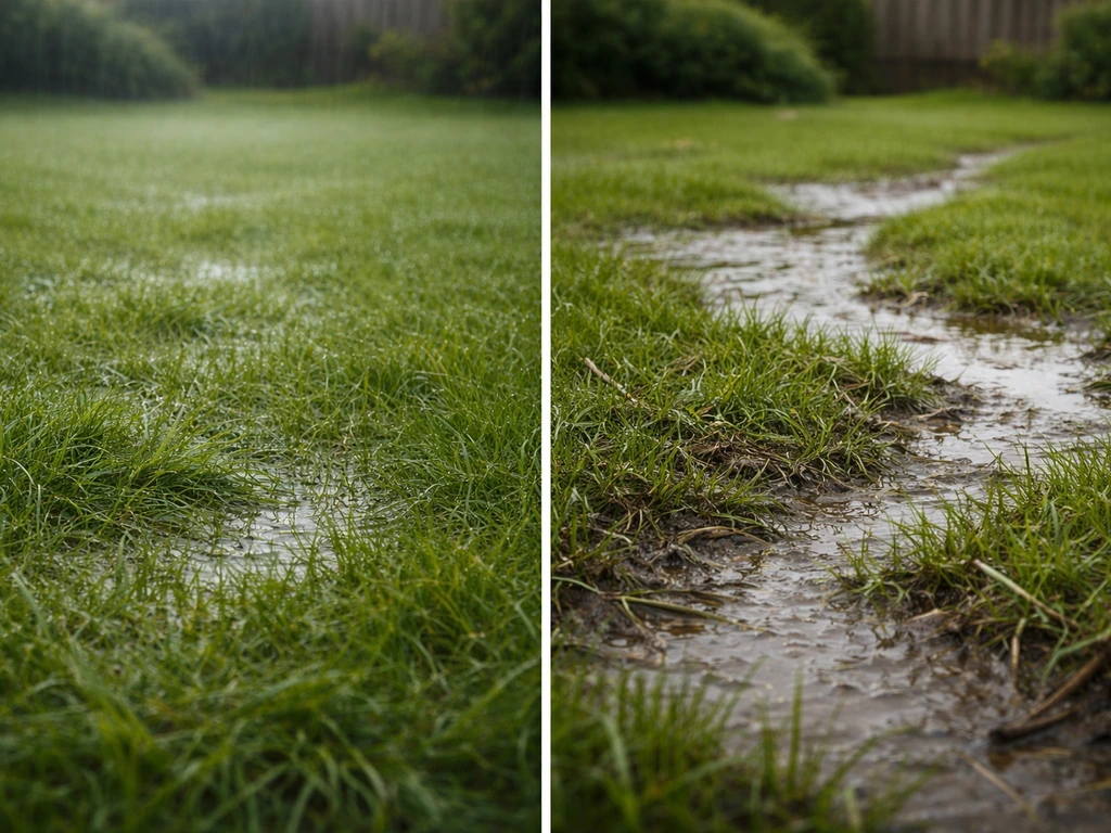 Deux zones de pelouse : pluie fine longue (gazon terne détrempé) vs orage brutal (flaques et ruissellement).