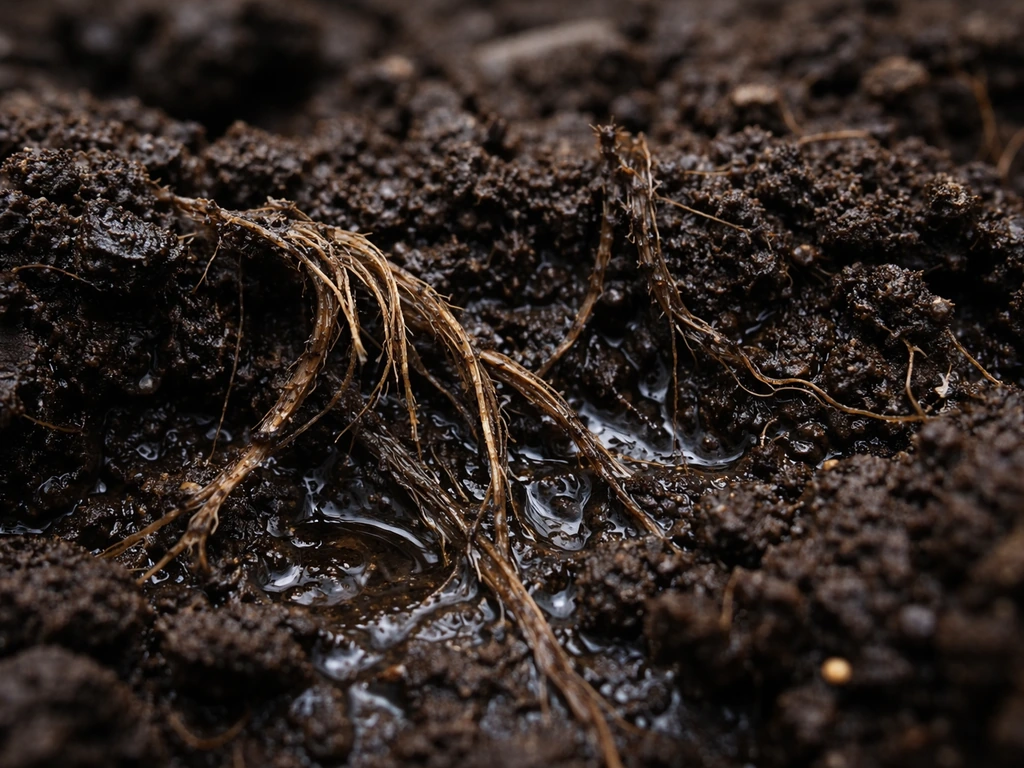 Gros plan d’un sol saturé d’eau avec des racines fines abîmées et gorgées d’humidité.