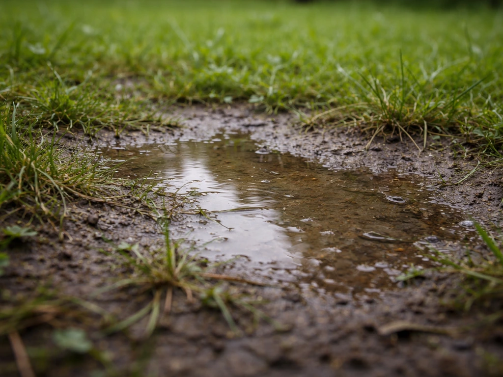 Petit jardin après une pluie, flaques et sol sombre qui reste humide près d’une pelouse