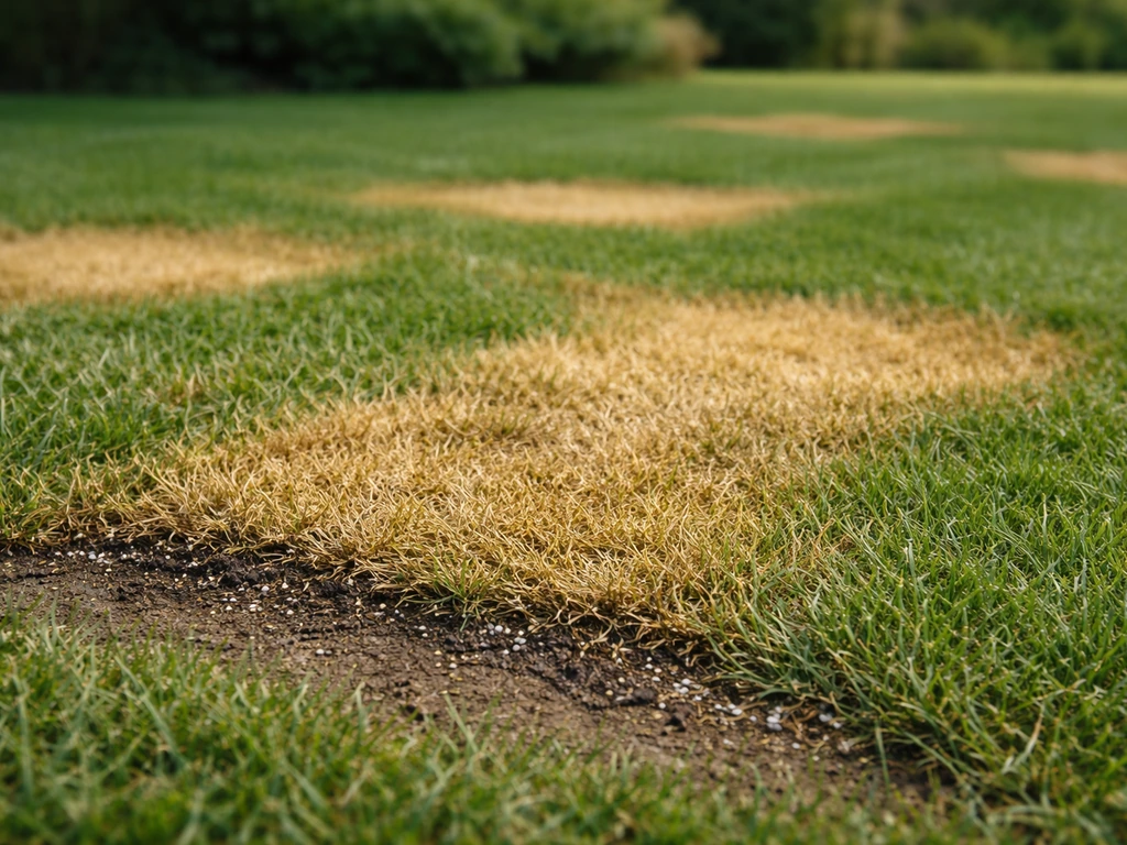 Gazon brûlé par un engrais, zones jaunes sèches nettes et granules visibles au bord.