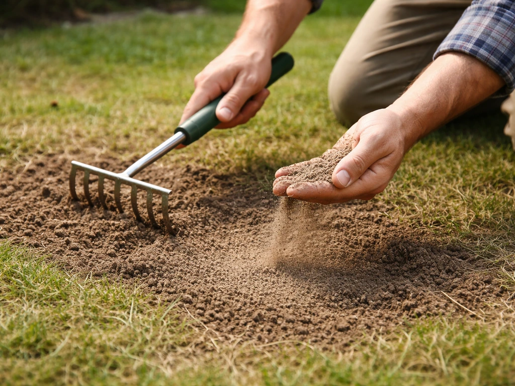 Mains en train de gratter la pelouse et d’ajouter un peu de terre/sable tamisé pour préparer le sursemis.