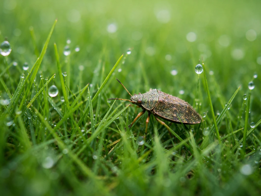 Gros plan d’une pelouse en dégradé avec un insecte type punaise entre les brins, ambiance diagnostic.