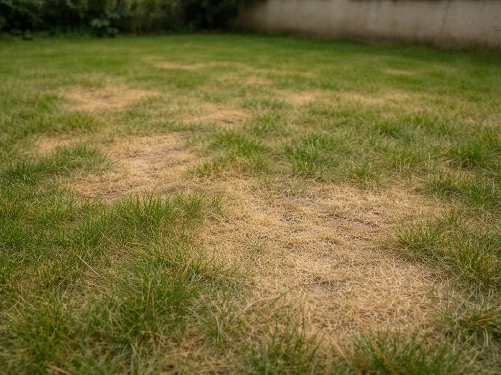 Pelouse avec brins jaunis et zones beiges irrégulières, aspect circulaire près d’une bordure
