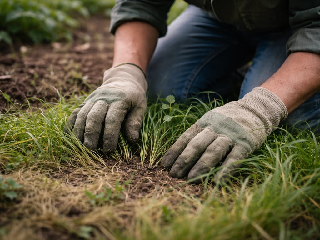 Jardinier écartant l’herbe et inspectant la base des tiges dans une zone suspecte du jardin
