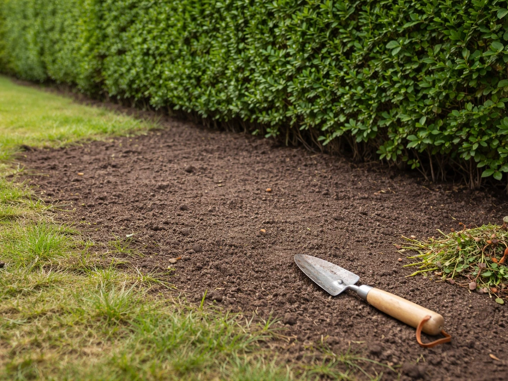 Bordure de jardin désherbée avec feuilles mortes retirées au pied d’une haie, après nettoyage