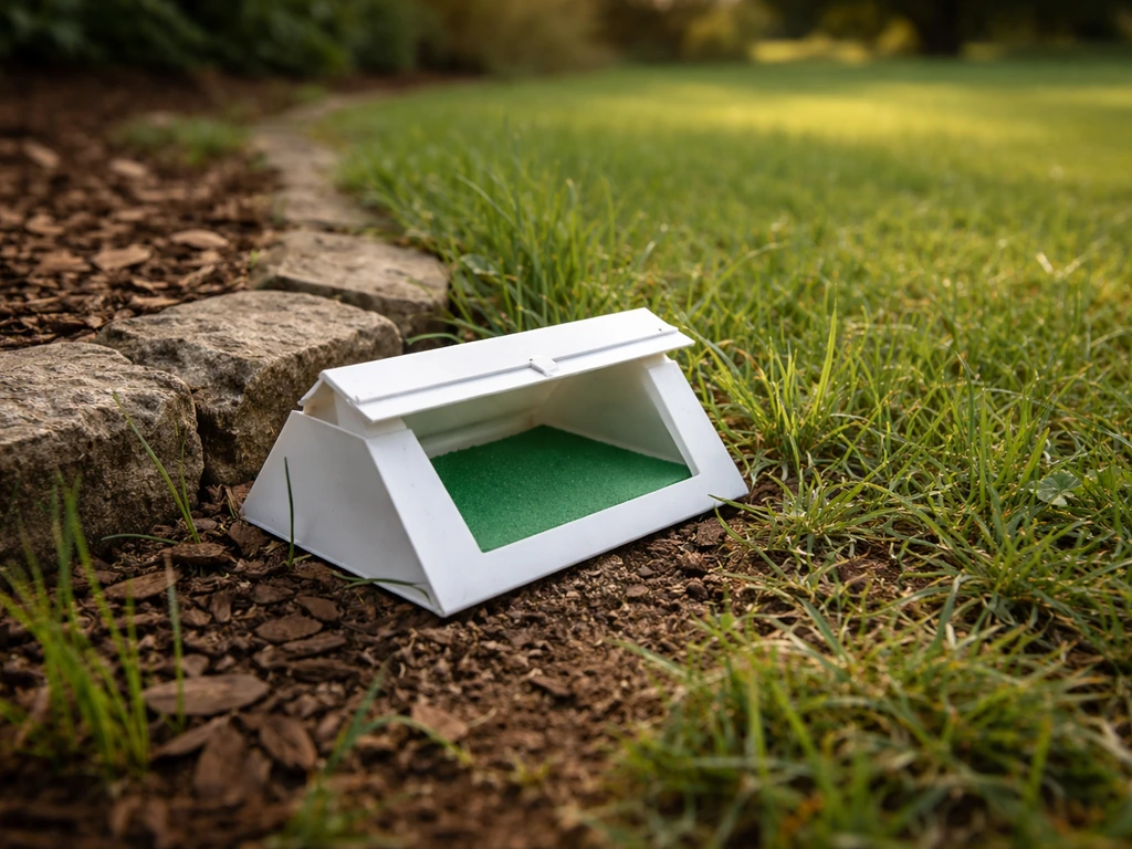 Piège à phéromones discret posé sur une bordure de pelouse, avec herbe verte et jardin calme en arrière-plan.