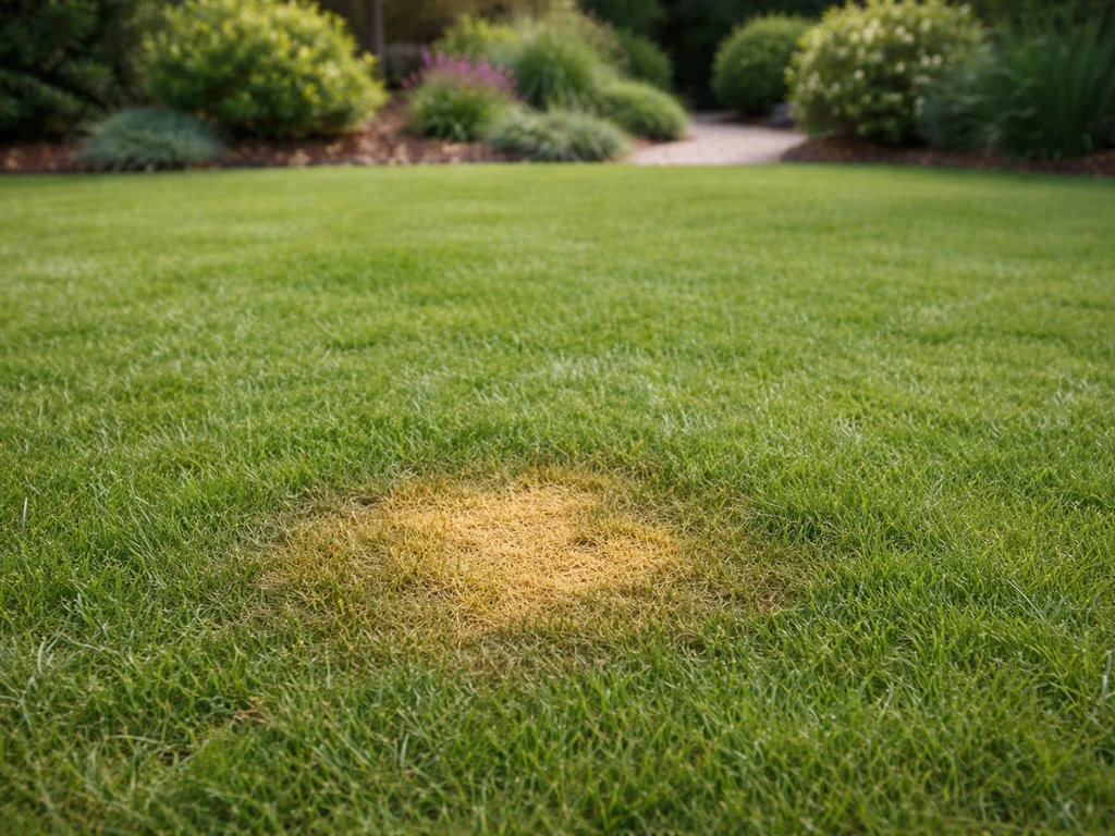 Tache jaune d’urine visible sur une pelouse, avec un jardin résidentiel en arrière-plan.