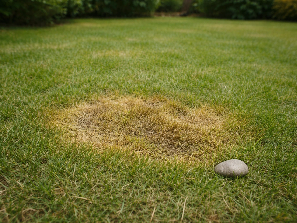 Tache d’urine de chien sur pelouse, zone plus sombre et irrégulière, repère discret au sol.