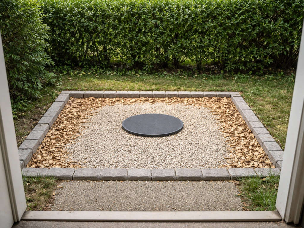 Coin du jardin avec gravier et copeaux, bordure basse et repère discret au sol pour l’usage du chien ou du chat.