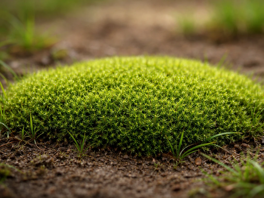Gros plan d’une mousse de gazon verte et dense, au ras du sol, texture visible et humide